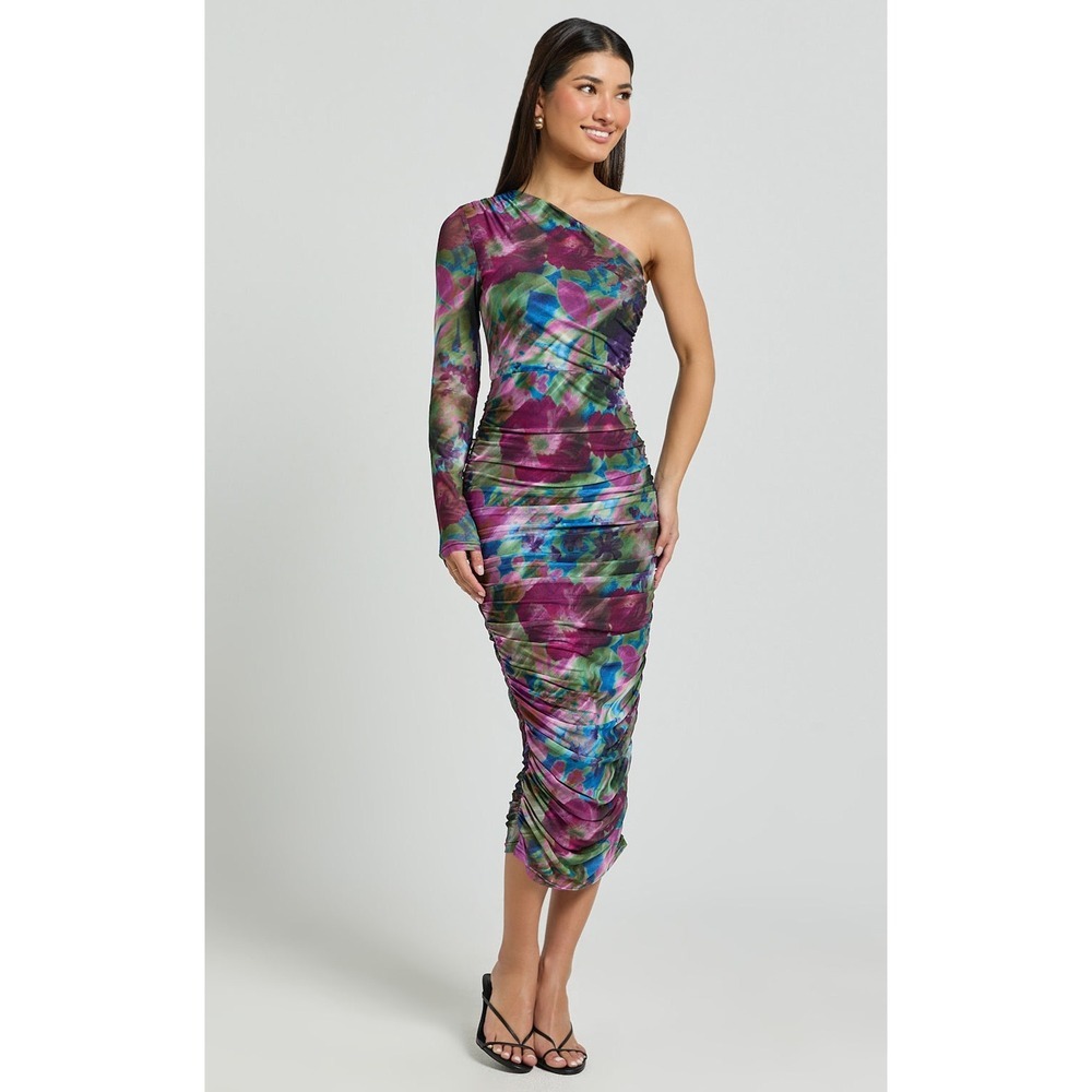 Showpo One Shoulder Ruched Mesh Midi Dress Floral Watercolor Purple Teal US 8